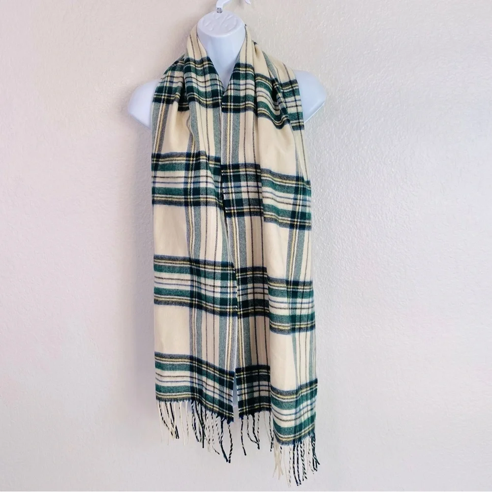 Cashmere Cream/Green Tartan Plaid Scarf 12” x 64”